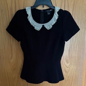 Forever 21 Black Blouse with Pearl Embellished Collar Sz S